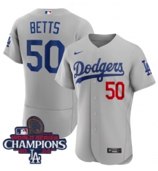 Youth Nike Los Angeles Dodgers Mookie Betts #50 Gray Flex Base 2024 World Series Champions Stitched MLB Jersey II