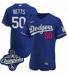 Men Los Angeles Dodgers 50 Mookie Betts Cool Base 2025 World Champions Stitched Baseball Jersey Blue